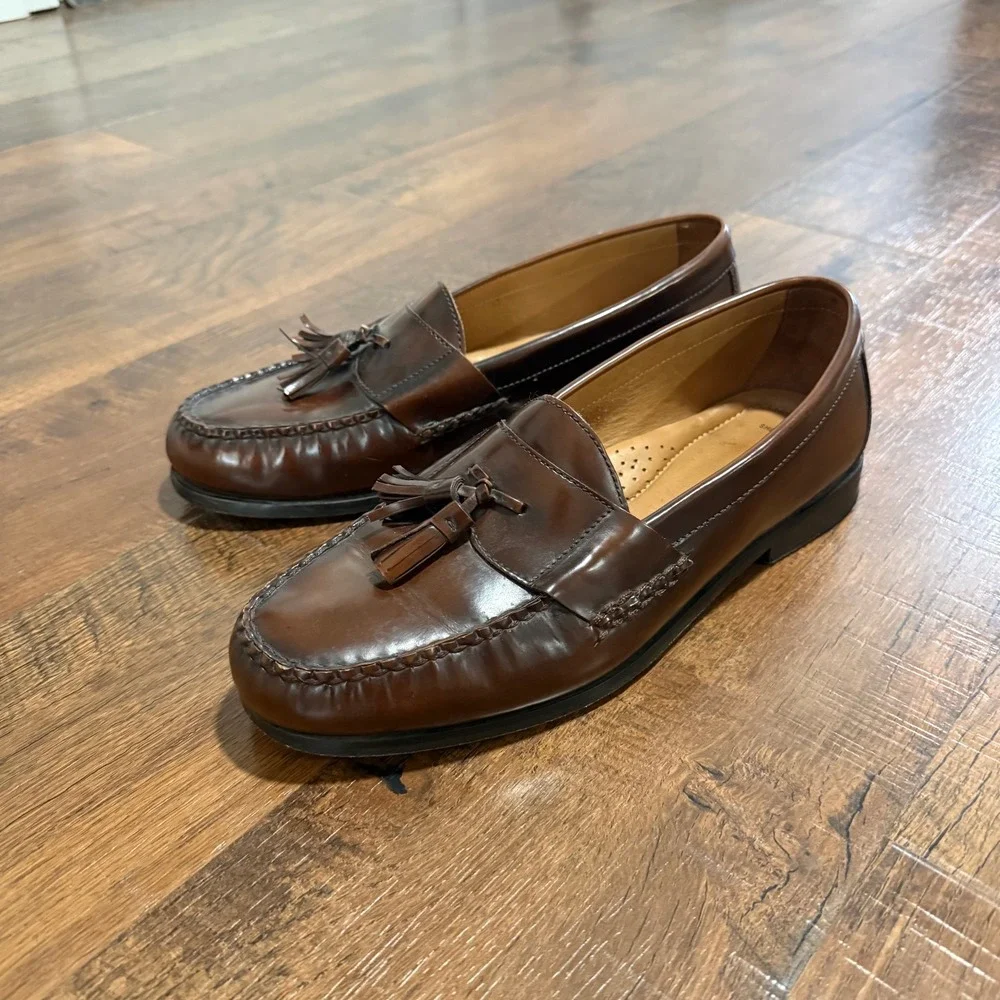 Johnston and Murphy Mens Tassel Loafers Brown Leather Sheepskin Dress Shoes 11